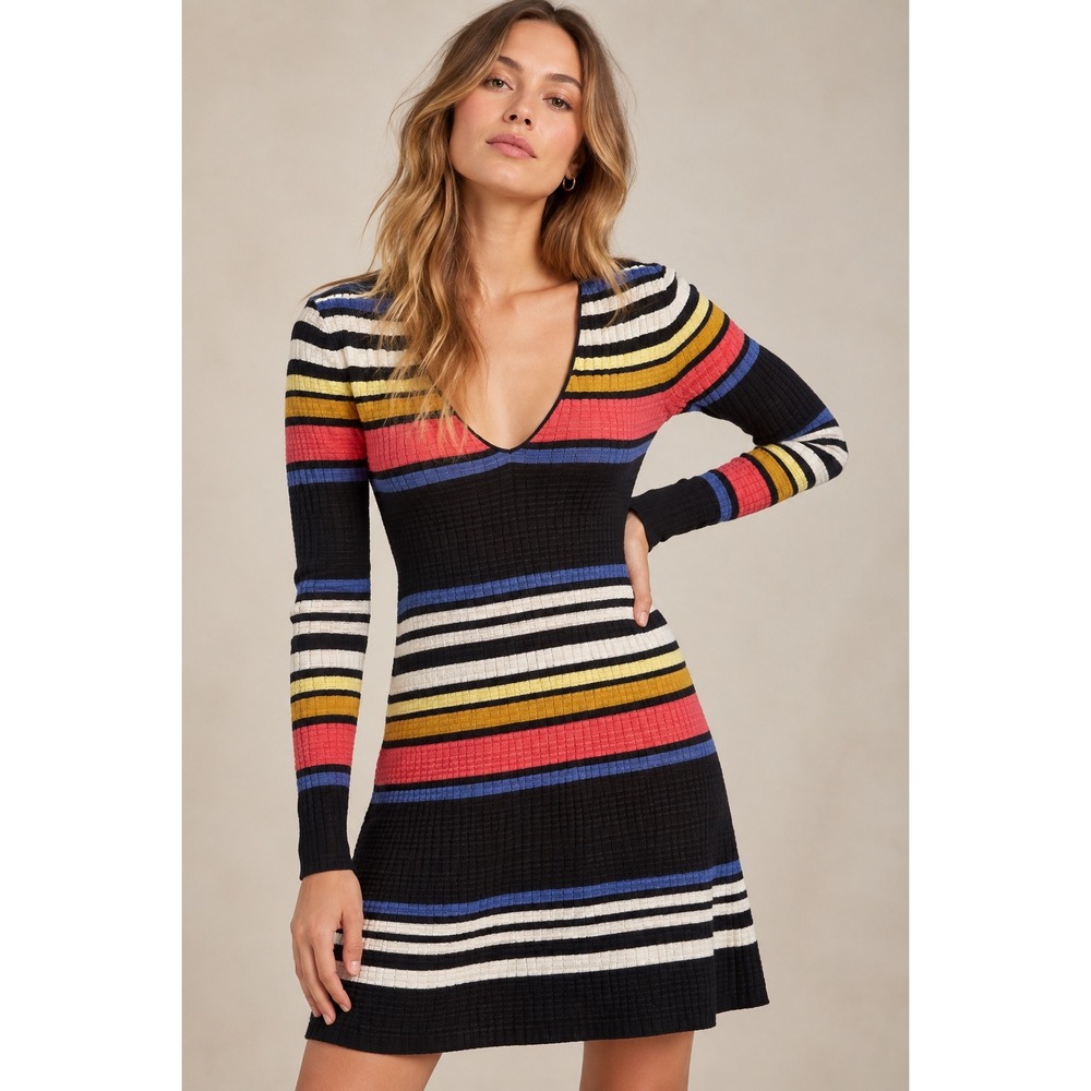 Free People Striped V-Neck Waffle Knit Long Sleeve Mini Dress Black Multi XS